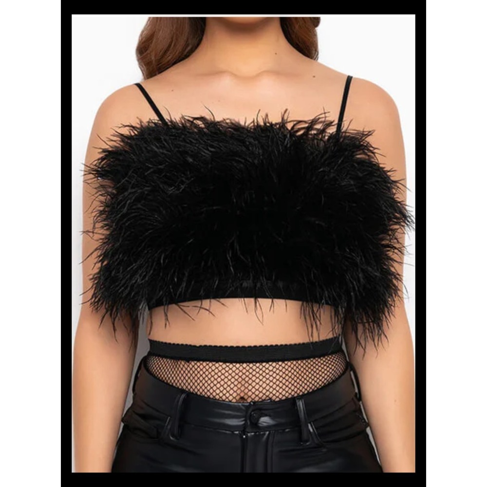 NWT Akira Real Ostrich Feather Crop Mesh Bandeau Black Womens Small Indie Whimsy
